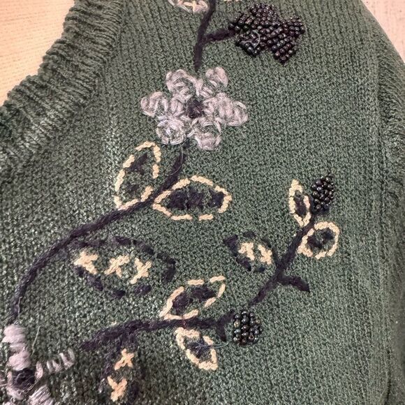Vintage Beaded Floral Knit Sweater Green Embroidered Pullover small - Picture 5 of 13